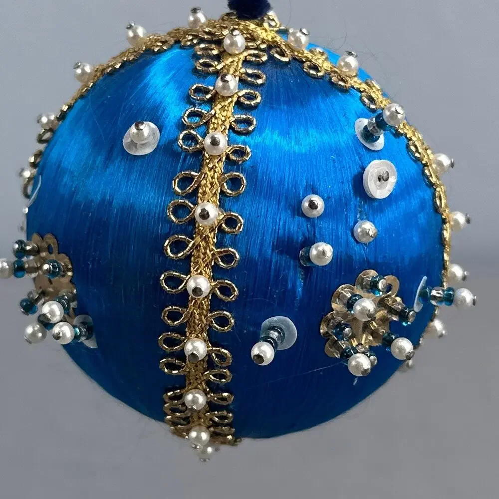 4 VTG Handmade Push Pin Satin Ball Ornament Bead Sequin Christmas ribbon Kitschy